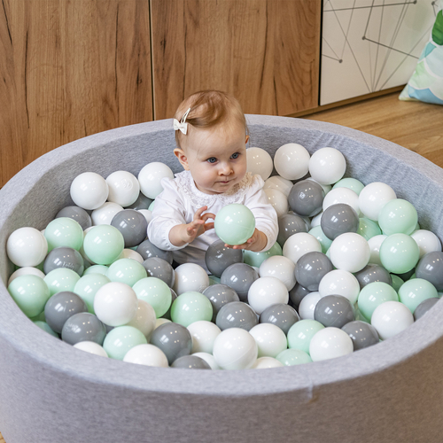 KiddyMoon Piscine à Balles ∅ 7Cm pour Bébé Rond Fabriqué En UE, gris clair:blanc/gris/menthe, 90x30cm/200 Balles