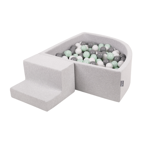 KiddyMoon Aire De Jeux en Mousse avec Quart Angulaire Piscine À Balles pour Bébé, gris clair: blanc/gris/menthe, Piscine (200 Balles)+ Marches