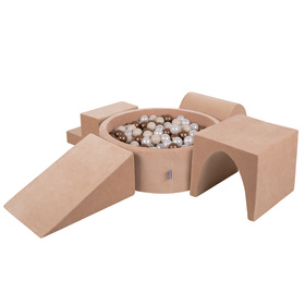 KiddyMoon Aire Velvet De Jeux en Mousse avec Rond Piscine à Balles pour Enfants, rose des sables: beige pastel/cuivre/perle, Piscine (200 Balles) + Version 3