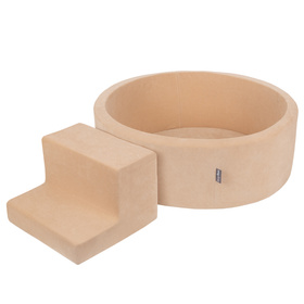 KiddyMoon Aire Velvet De Jeux en Mousse avec Rond Piscine à Balles pour Enfants, beige sableux: beige pastel/saumon/blanc, Piscine (100 Balles) + Marches