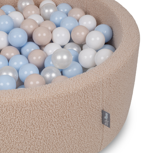 KiddyMoon Piscine à Balles Boules 7 cm pour un Remplissage plus Généreux Pour Bébés au Housse Teddy, Convient dès 8 Mois, Beige: Beige Pastel/Bleu Pastel/Blanc/Perle, 90x30cm/200 Balles