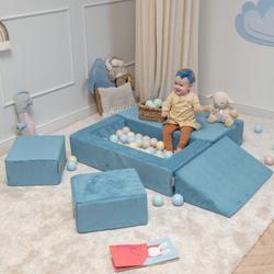 KiddyMoon Canapé en Mousse pour Enfants avec Balles et Pente Parfait Pour la Chambre D'enfant Léger Modulable Confortable Sécurisé Idéal pour Jouer et Se Détendre, bleu: beige pastel/bleu pastel/blanc/perle, Canapé/Pente + 100 Balles