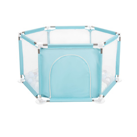 parc bébé hexagonal pliable avec balles plastiques, Mentha:perle/gris/transparent/babyblue/mentha, 200 balles