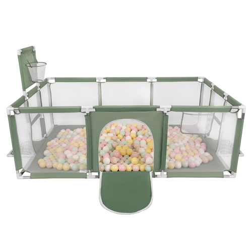 Parc Bébé avec Balles Plastiques Aire De Jeu Pliable Basket Football, vert : beige pastel/jaune pastel/blanc/menthe/rose poudré, 200 balles