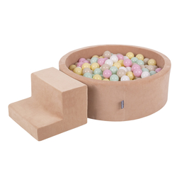 KiddyMoon Aire Velvet De Jeux en Mousse avec Rond Piscine à Balles pour Enfants, rose des sables: beige pastel/jaune pastel/blanc/menthe/rose poudre, Piscine (100 Balles) + Marches