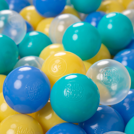 KiddyMoon Balles pour Piscine Colorées ∅6cm Plastique Enfant Bébé Fabriqué en EU, turquoise/bleu/jaune/transparent, 100 Balles/6cm