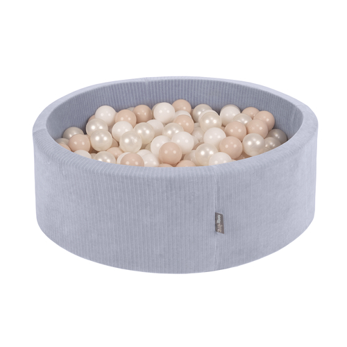 KiddyMoon Piscine À Balles pour Enfants Mousse Côtelé Pour Motricité Bébé, gris foncé : beige pastel/blanc/perle, 90x30cm/200 Balles