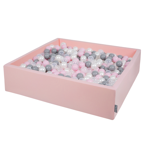 KiddyMoon Piscine À Balles Grande Carré pour Bébé, Fabriqué en UE, rose:perle-gris-transparent-rose poudré, 120x30cm/300 balles