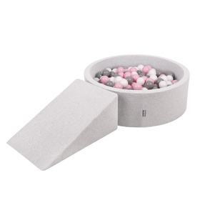 KiddyMoon Aire De Jeux en Mousse avec Rond Piscine à Balles pour Enfants, gris clair: blanc/gris/rose poudré, Piscine (100 Balles)+ Pente