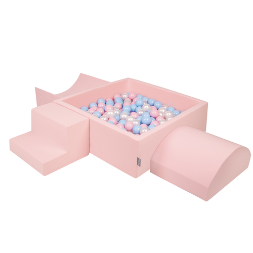 KiddyMoon Aire De Jeux en Mousse avec Carré Piscine À Balles pour Enfants, rose:babyblue/rose poudre/perle, Piscine (300 Balles) + Version 6