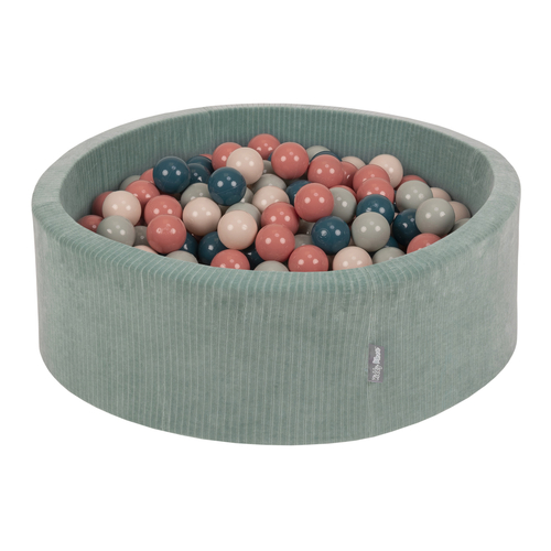 KiddyMoon Piscine À Balles pour Enfants Mousse Côtelé Pour Motricité Bébé, Vert : turquoise foncé/beige pastel/vert de gris/saumon, 90x30cm/200 balles