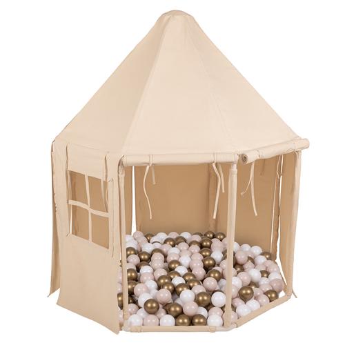 KiddyMoon Tente de Jeu Maison Pour Enfants En Forme De Pavillon De Jeu Pliable Tente Pop-Up Espace De Jeu Spacieux Et Confortable En Intérieur Et Extérieur, naturel: beige pastel/blanc/or, 400 Balles