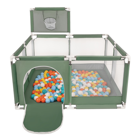 parc bébé avec balles plastiques aire de jeu pliable basket, vert : blanc/jaune/orange/babyblue/turquoise, 100 balles