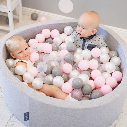 KiddyMoon Piscine à Balles ∅ 7Cm pour Bébé Carré Fabriqué En UE, gris clair: perle/gris/transparent/rose poudré, 90x30cm/200 balles