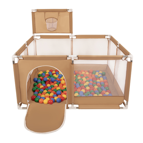 parc bébé avec balles plastiques aire de jeu pliable basket, beige : jaune/vert/bleu/rouge/orange, 100 balles