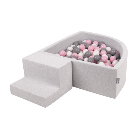 KiddyMoon Aire De Jeux en Mousse avec Quart Angulaire Piscine À Balles pour Bébé, gris clair: blanc/gris/rose poudré, Piscine (200 Balles)+ Marches