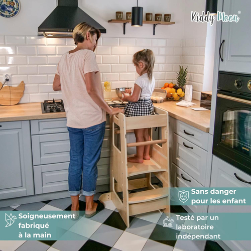 KiddyMoon Tour D'Apprentissage/D'Observation Montessori pour Enfant en Bois 3 Hauteurs Réglables Pieds Anti-Bascule, Blanc, 91,5x39,3x49,4