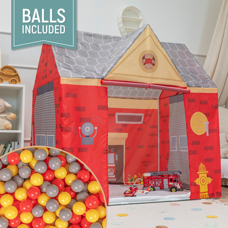 Tente De Jeu Pompier pour Enfants Forme De Pavillon Pour Bébés Design Pliable Tente Pop-Up Réaliste Inspiré Utilisation Intérieure Et Extérieure, rouge-gris: gris/jaune/rouge, 100 Balles