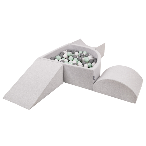 KiddyMoon Aire De Jeux en Mousse avec Quart Angulaire Piscine À Balles pour Bébé, gris clair: blanc/gris/menthe, Piscine (300 Balles) + Version 4