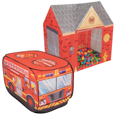 Tente De Jeu Pompier pour Enfants Set De Jeu Camion Et Caserne De Pompiers Pour Enfants Avec Boules Pliables Intérieures Extérieures Jeu Coopératif Sensoriel Montessori, rouge : jaune-vert-bleu-rouge-orange, 200 balles