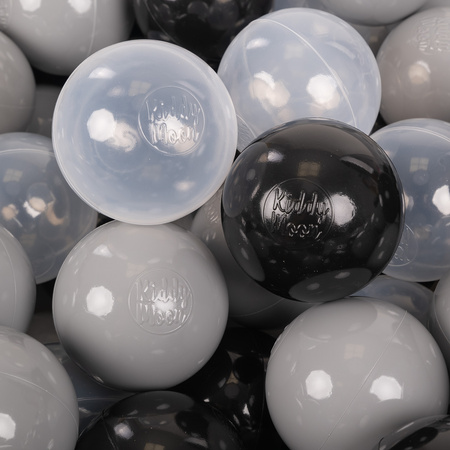 KiddyMoon Balles Colorées Plastique ∅7cm pour Piscine Enfant Bébé Fabriqué en EU, noir/gris/transparent, 100 Balles/7cm