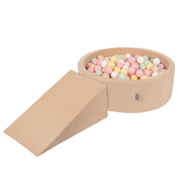 KiddyMoon Aire Velvet De Jeux en Mousse avec Rond Piscine à Balles pour Enfants, beige sableux: beige pastel/jaune pastel/blanc/menthe/rose poudré, Piscine (200 Balles) + Pente