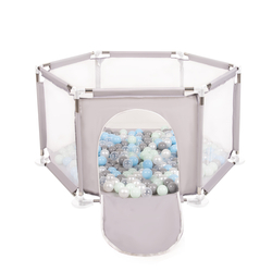 parc bébé hexagonal pliable avec balles plastiques, Gris:perle/gris/transparent/babyblue/mentha, 200 balles