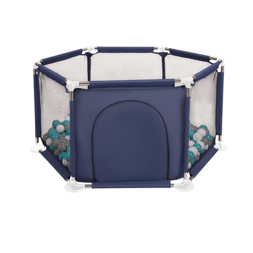 parc bébé hexagonal pliable avec balles plastiques, Bleu:girs/blanc/turquoise, 400 balles