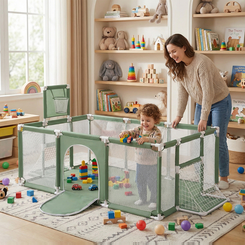Parc Bébé avec Balles Plastiques Aire De Jeu Pliable Basket Football, vert, SANS Balles