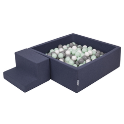 KiddyMoon Aire De Jeux en Mousse avec Carré Piscine À Balles pour Enfants, bleu foncé:blanc/gris/menthe, Piscine (100 Balles) + Marches
