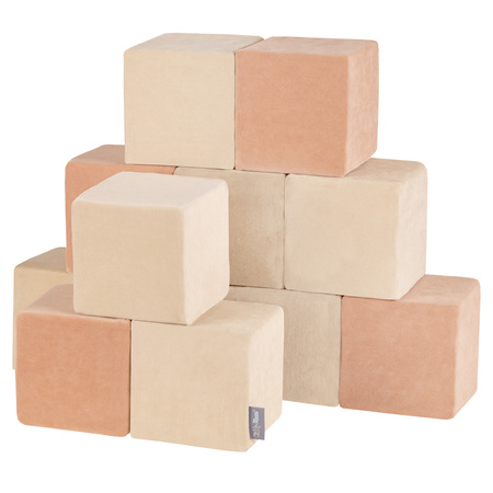 KiddyMoon blocs mous pour bébé cubes de construction en mousse housse velours, cubes: beige sableux/rose des sables, 12 Pieces