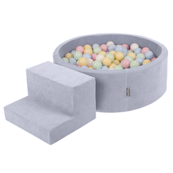 KiddyMoon Parcours Motricité En Mousse Avec Balles Enfants Favorise Créativité, Gris foncé : bleu pastel/jaune pastel/blanc/menthe/rose poudré, Piscine (200 Balles)+ Marches