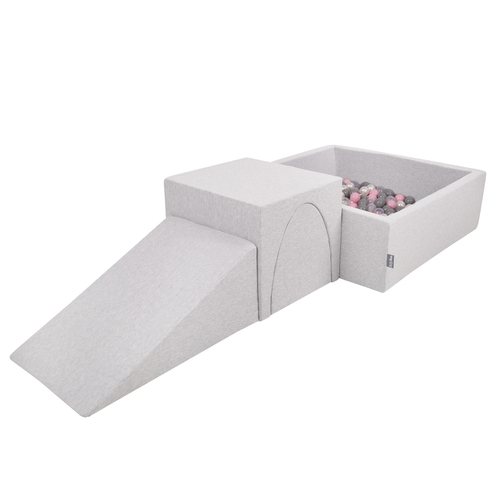KiddyMoon Aire De Jeux en Mousse avec Carré Piscine À Balles pour Enfants, gris clair: perle/gris/transparent/rose poudré, Piscine (200 Balles) + Version 2