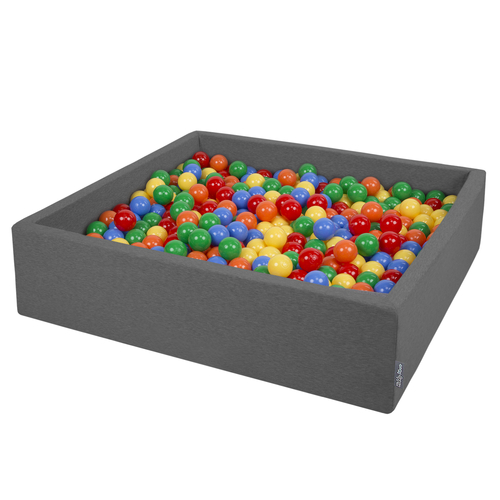 KiddyMoon Piscine À Balles Grande Carré pour Bébé, Fabriqué en UE, gris foncé: jaune-vert-bleu-rouge-orange, 120x30cm/600 balles
