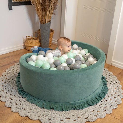KiddyMoon Velours Piscine à Balles ∅7Cm pour Bébé Rond Fabriqué en EU, vert forêt: blanc/gris/menthe, 90x30cm/300 Balles