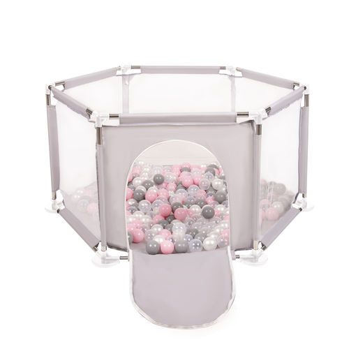 parc bébé hexagonal pliable avec balles plastiques, Gris:perle/gris/transparent/rose poudré, 200 balles