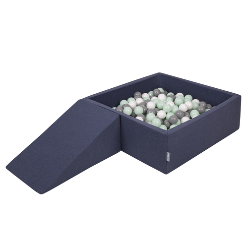 KiddyMoon Aire De Jeux en Mousse avec Carré Piscine À Balles pour Enfants, bleu foncé:blanc/gris/menthe, Piscine (200 Balles) + Pente