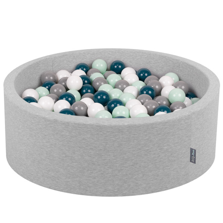 KiddyMoon Piscine à Balles ∅ 7Cm pour Bébé Rond Fabriqué En UE, gris clair:turquoise foncé/gris/blanc/menthe, 90x30cm/200 balles