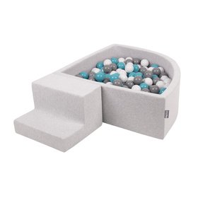 KiddyMoon Aire De Jeux en Mousse avec Quart Angulaire Piscine À Balles pour Bébé, gris clair: gris/blanc/turquoise, Piscine (100 Balles) + Marches