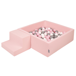 KiddyMoon Aire De Jeux en Mousse avec Carré Piscine À Balles pour Enfants, rose:blanc/gris/rose poudré, Piscine (100 Balles) + Marches