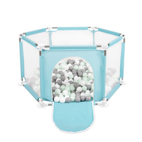 parc bébé hexagonal pliable avec balles plastiques, Mentha:blanc/gris/mentha, 400 balles