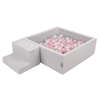 KiddyMoon Aire De Jeux en Mousse avec Carré Piscine À Balles pour Enfants, gris clair: rose poudré/perle/transparent, Piscine (200 Balles)+ Marches