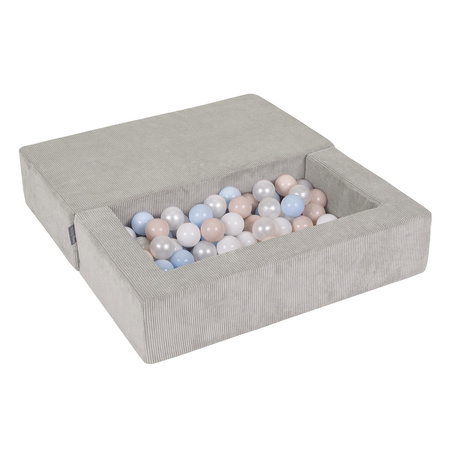 KiddyMoon Canapé en Mousse pour Enfants avec Balles Pour chambre d'enfant Léger Modulable Confortable Housse Amovible Parfait pour Jouer Lire et Se Détendre, gris clair: beige pastel/bleu pastel/blanc/perle, Canapé + 100 Balles