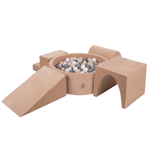 KiddyMoon Aire Velvet De Jeux en Mousse avec Rond Piscine à Balles pour Enfants, rose des sables: pastel beige/gris/blanc, Piscine (200 Balles) + Version 3