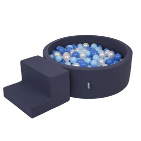KiddyMoon Aire De Jeux en Mousse avec Rond Piscine à Balles pour Enfants, bleu foncé:babyblue/bleu/perle, Piscine (100 Balles) + Marches