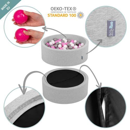 KiddyMoon Piscine à Balles ∅ 7Cm pour Bébé Carré Fabriqué En UE, gris clair, 90x30/SANSballes