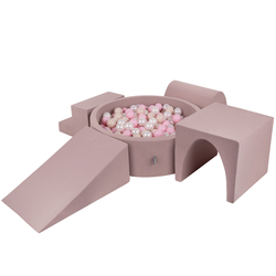 KiddyMoon Aire De Jeux en Mousse avec Rond Piscine à Balles pour Enfants, bruyère: beige pastel/rose poudré/perle, Piscine (200 Balles) + Version 3