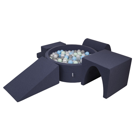KiddyMoon Aire De Jeux en Mousse avec Rond Piscine à Balles pour Enfants, bleu foncé:perle/gris/transparent/babyblue/menthe, Piscine (200 Balles) + Version 3