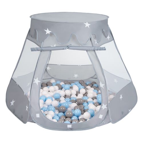 Tente Château Pour Enfants Tente de Jeu Avec Balles Colorées Jouet Cabane Pop-up Château Facile À Monter Maison de Jeu Pour Intérieur et Extérieur, gris:gris/blanco/babyblue, 105x90cm/600 balles