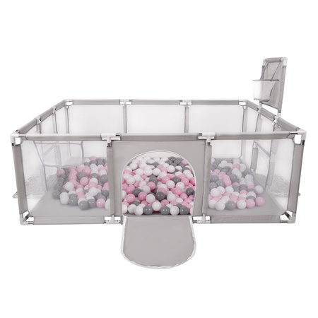 Parc Bébé avec Balles Plastiques Aire De Jeu Pliable Basket Football, Gris: blanc/gris/rose poudré, 100 balles